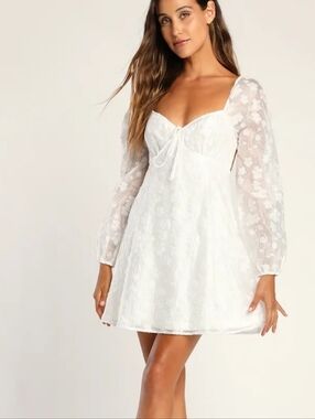 LULUS Angel Looks White B/out Floral Jacquard Mini Babydoll Dress GRADUATION